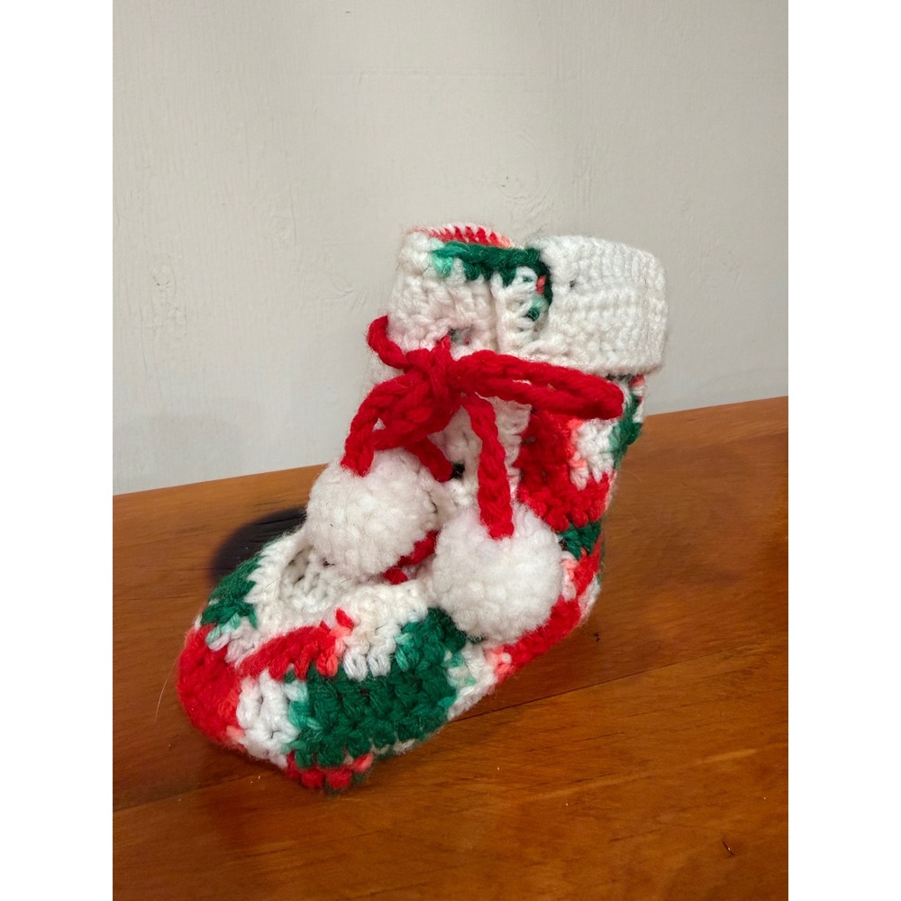 Handmade Crochet Christmas Bootie Red Green White Pom Pom Holiday Slipper Decor